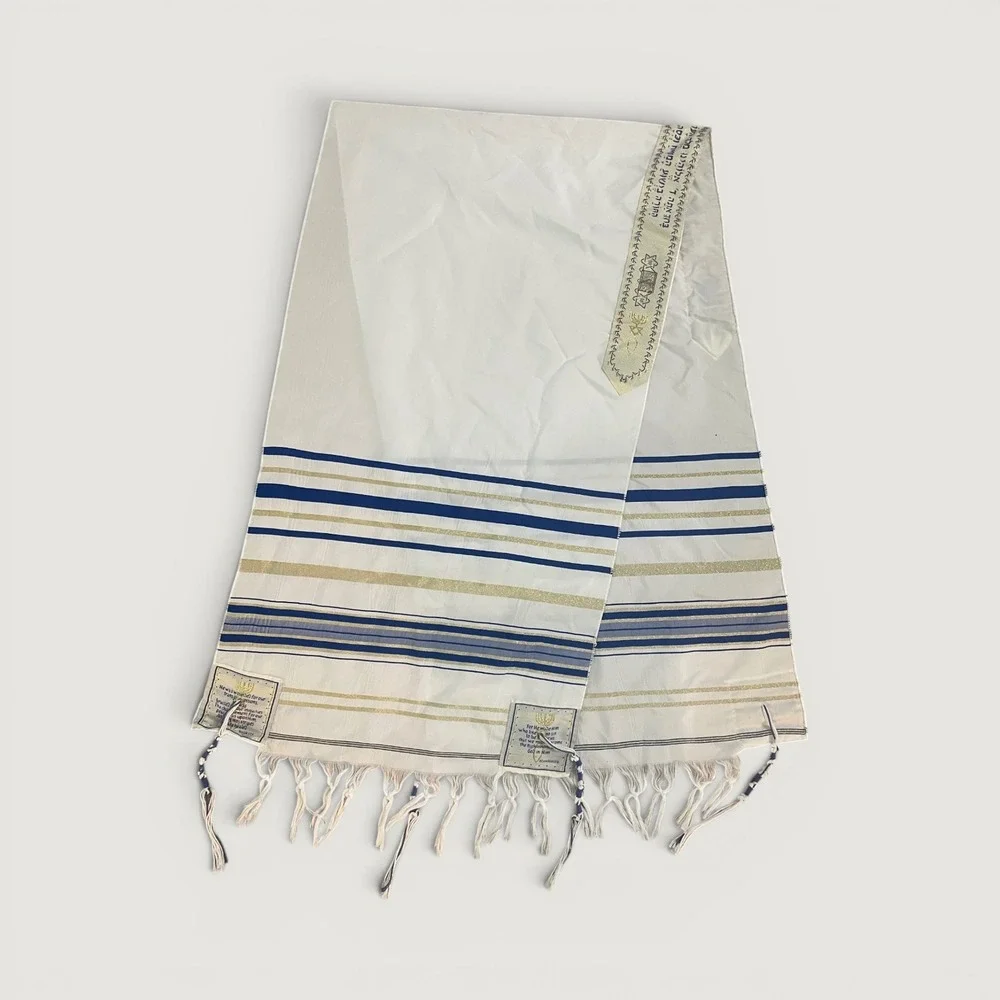 Messianic Jewish Tallit Prayer Shawl White Blue Gold Hebrew Bible Verses 70in